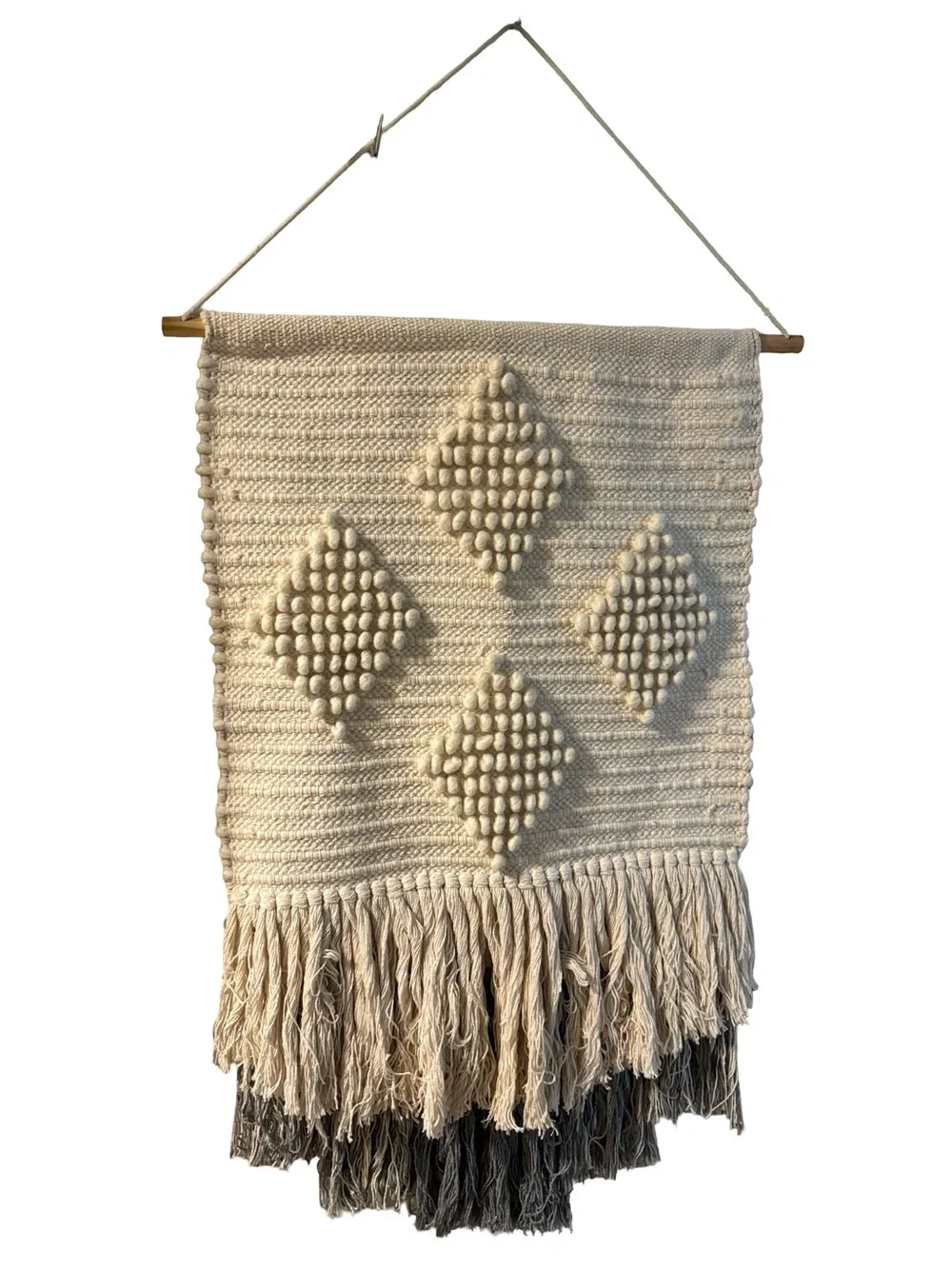 Handwoven Cream Boho Rustic Earthy  Wall Hanging Textured Diamond Macramé 20x32”